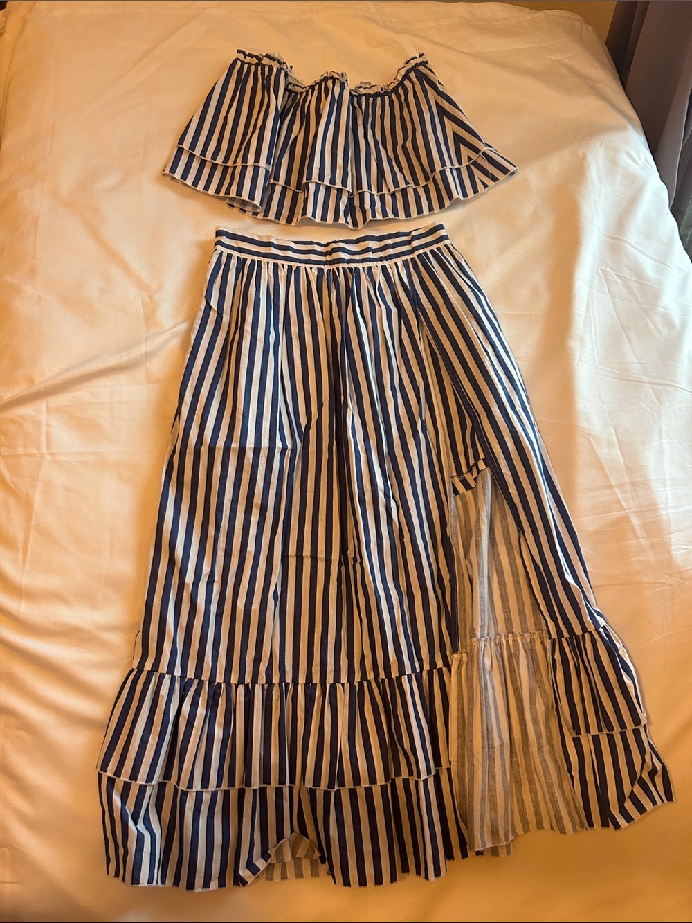 Striped Blue and White Two-Piece Skirt with shorts Set